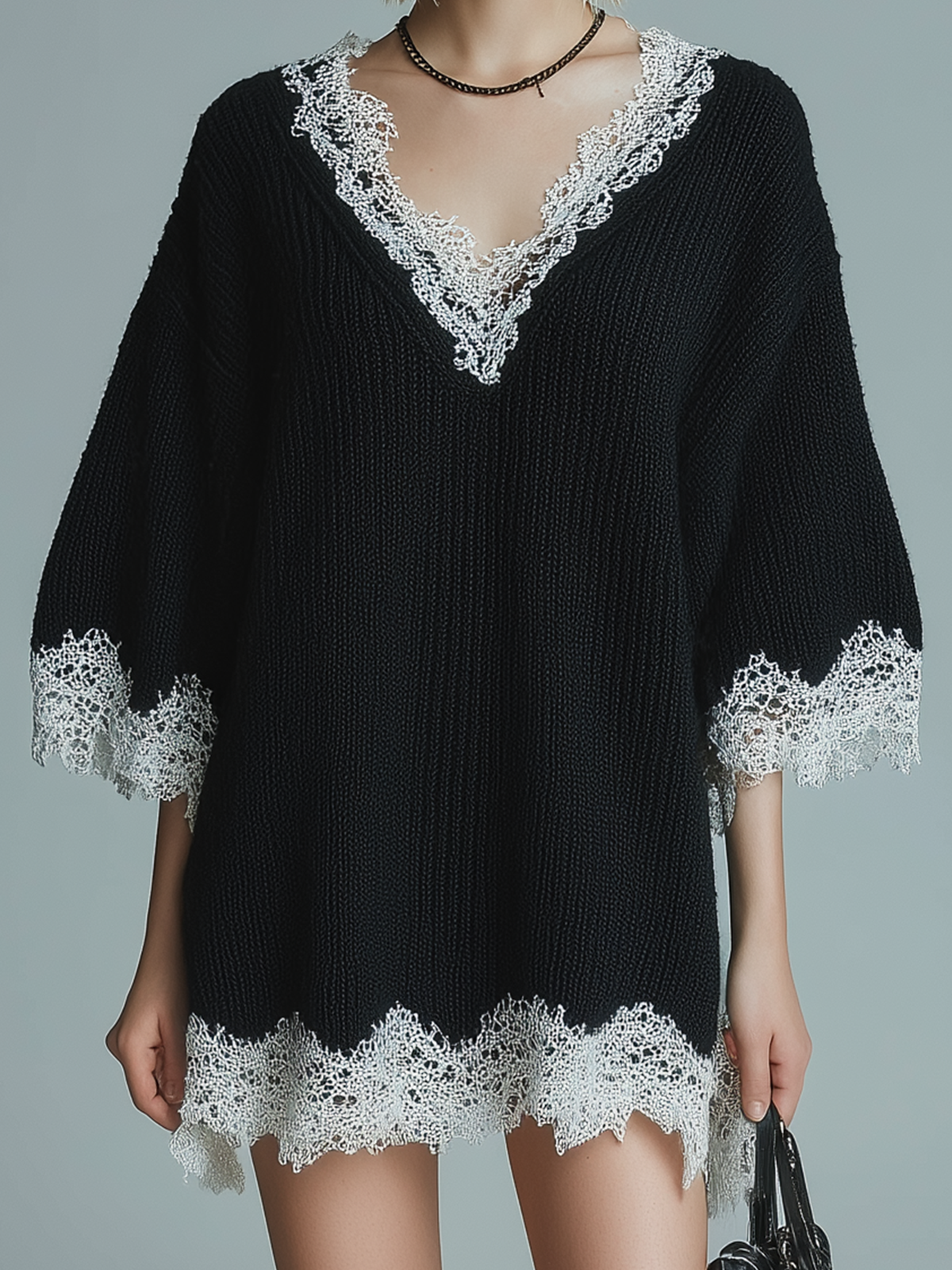 ElevenOra stylish Casual Black V-neck Lace Trim Short-sleeved Loose-fitting Knit Mini Dress