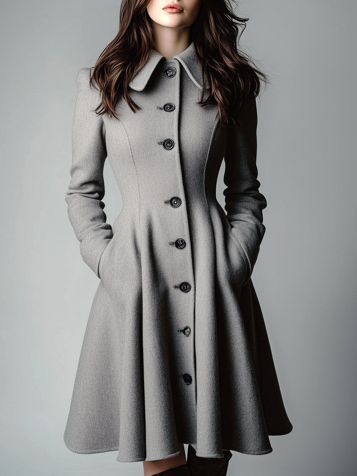 ElevenOra Vintage Wool Blend Peter Pan Collar Single-Breasted Tailored Waist Flared Hem Mid-Length Coat