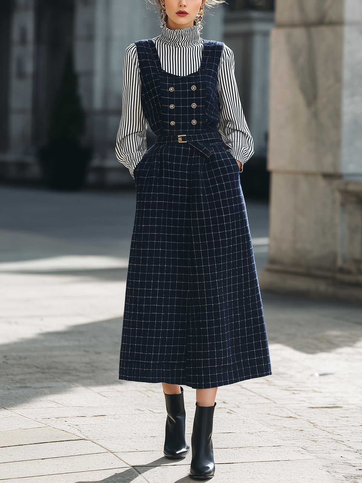 ElevenOra Chic Vintage Navy Blue Plaid Wool Blend Double-Breasted Belted A-Line Maxi Pinafore Dress