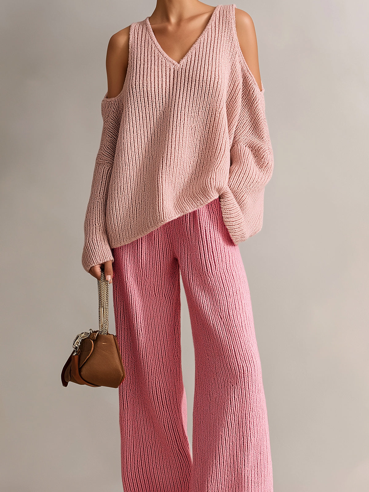 ElevenOra Chic Elegant Pink Colorblock V-Neck Long-Sleeve Cutout Details Loose-Fit Sweater And Wide-Leg Pants Ribbed Knit Two-Piece Set