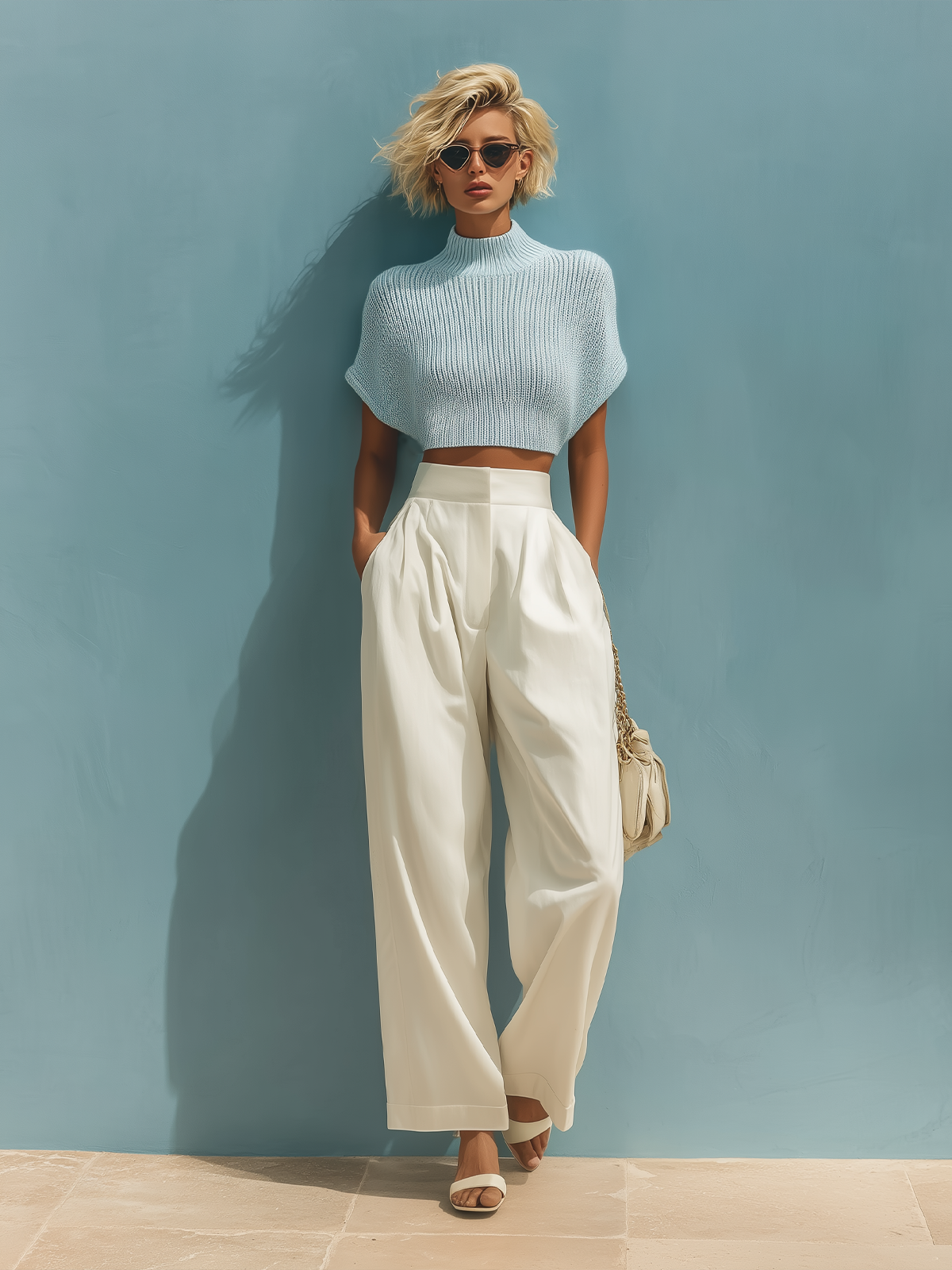 ElevenOra Stylish Elegant Light Blue Mock Neck Short-Sleeve Loose Sweater White Wide-Leg Pants Two-Piece Set