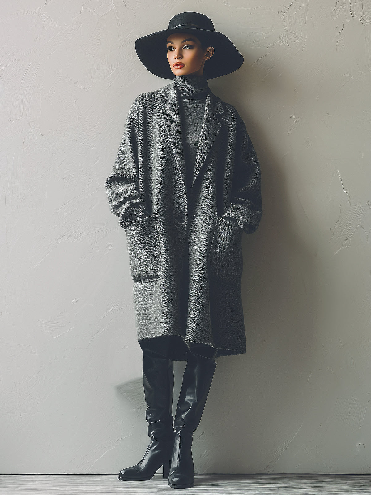 ElevenOra Vintage Twill Wool Blend Notch Lapel One Button Patch Pocket Loose Midi Coat