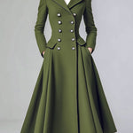 ElevenOra Vintage Green Wool Blend Notch Lapel Double-Breasted Tailored Waist Flared Hem Long Coat