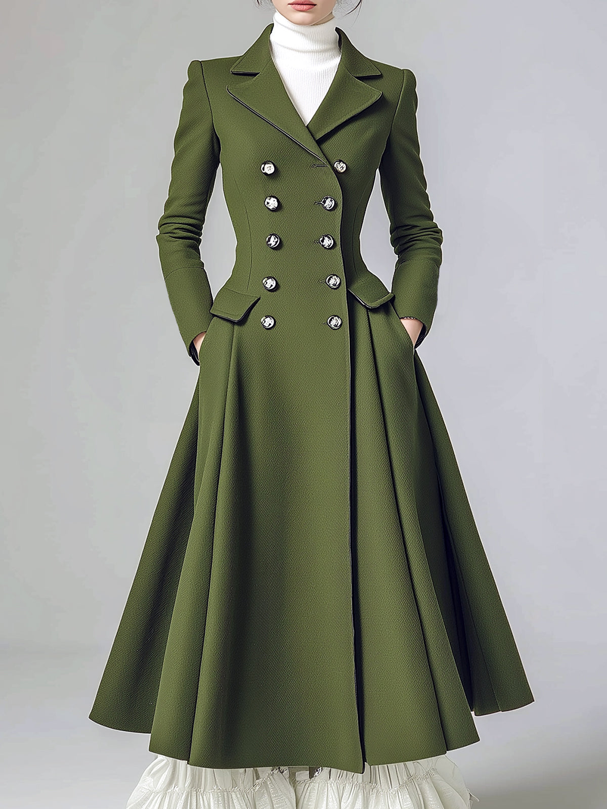 ElevenOra Vintage Green Wool Blend Notch Lapel Double-Breasted Tailored Waist Flared Hem Long Coat