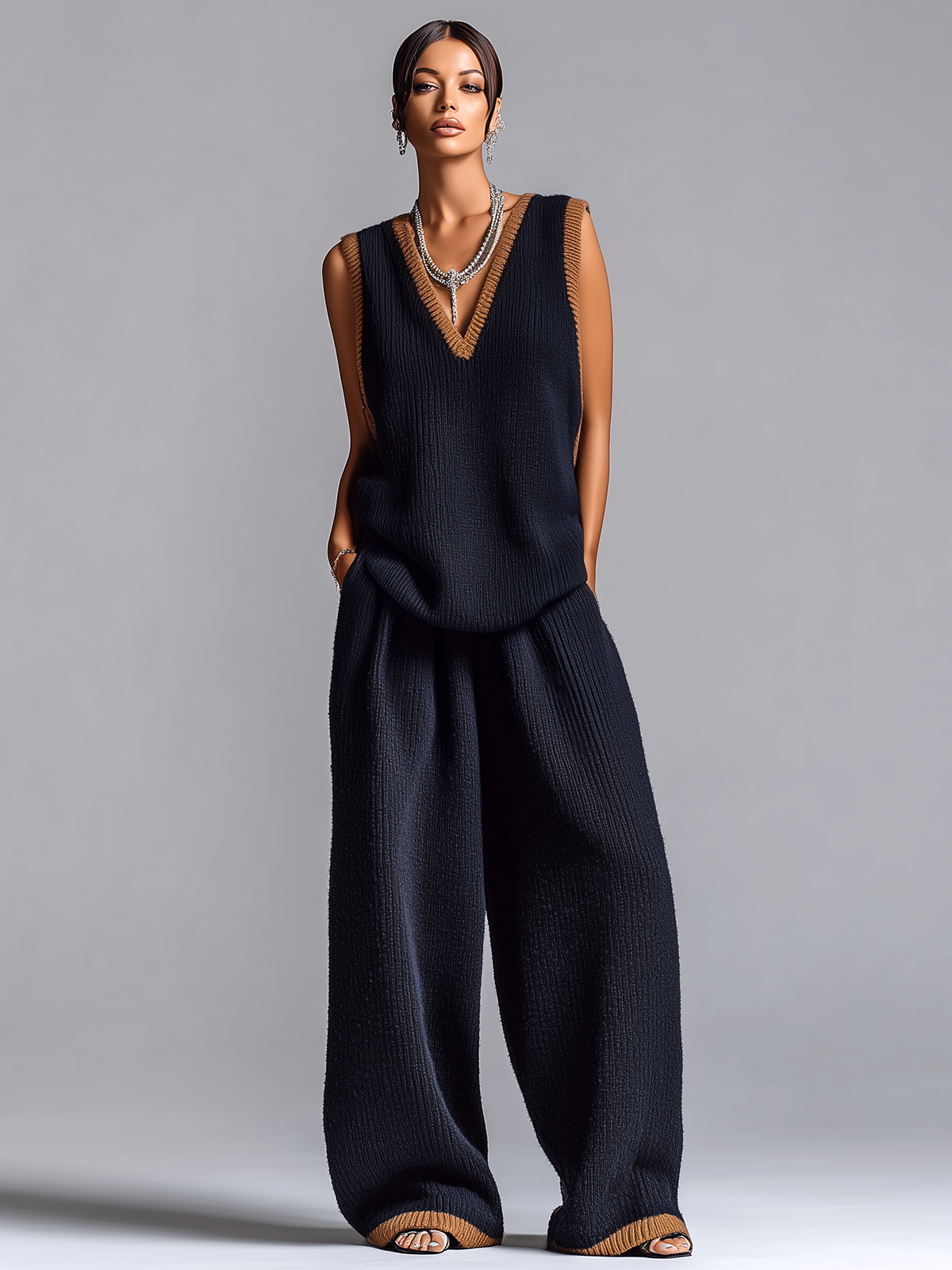 ElevenOra Fashionable Elegant Navy Blue Colorblock V-neck Sleeveless Loose-Fit Vest Wide-Leg Pants Knit Two-Piece Set