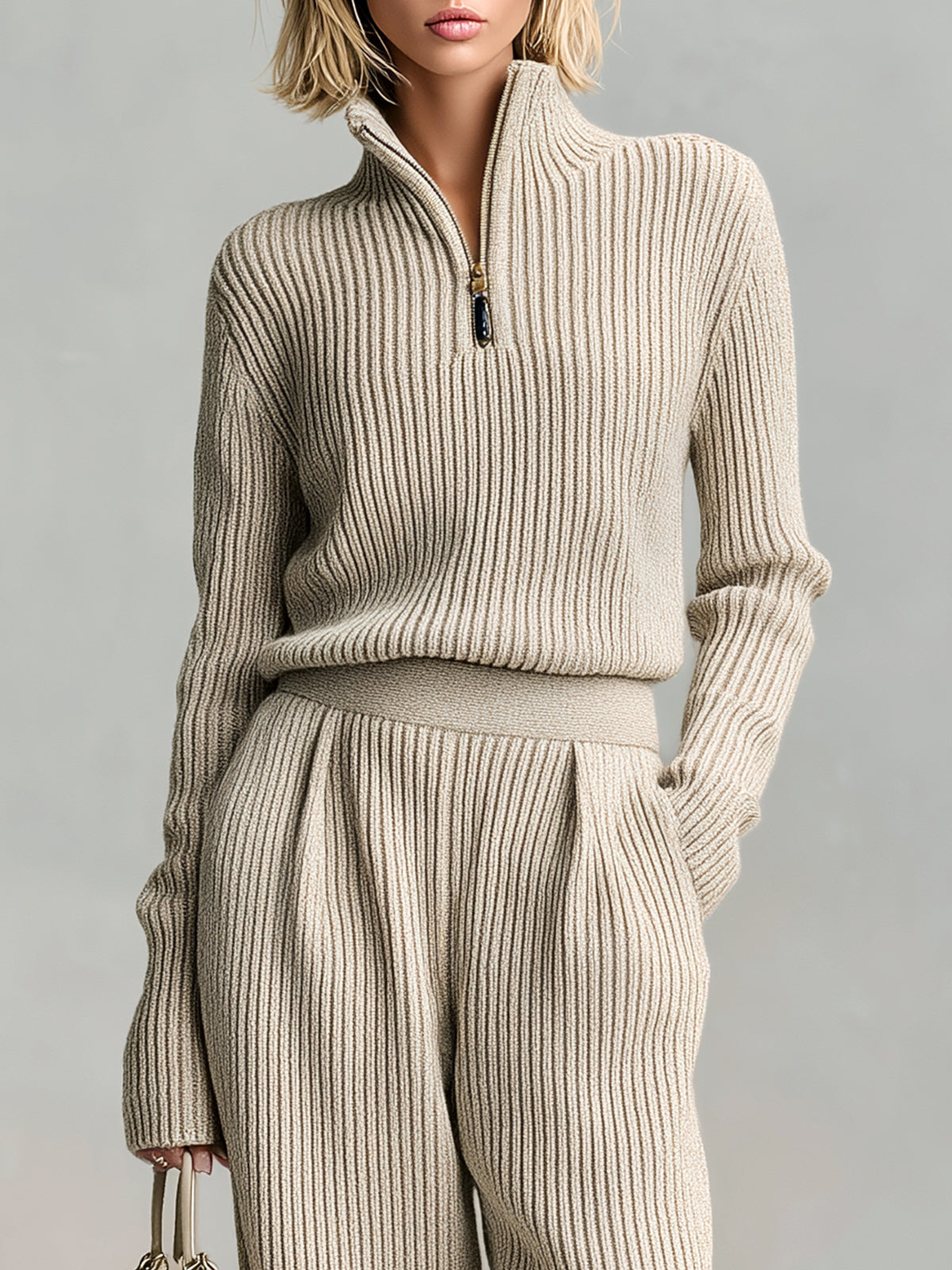 ElevenOra Casual Elegant Zipper Stand Collar Long Sleeve Sweater Wide Leg Pants Ribbed Knitted Two-piece Set