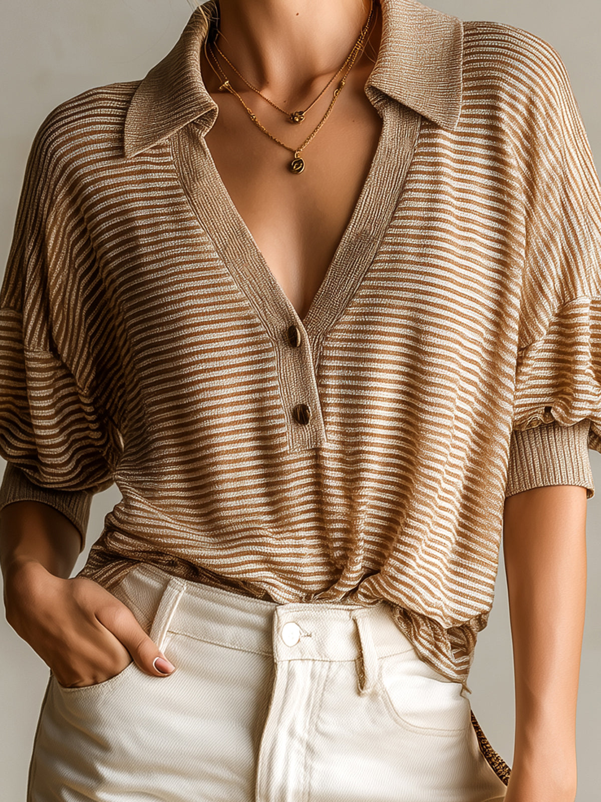 ElevenOra Chic Casual Camel Pinstripe Lapel V-Neck Button Front Short Sleeve Loose Fit Knit Polo Sweater