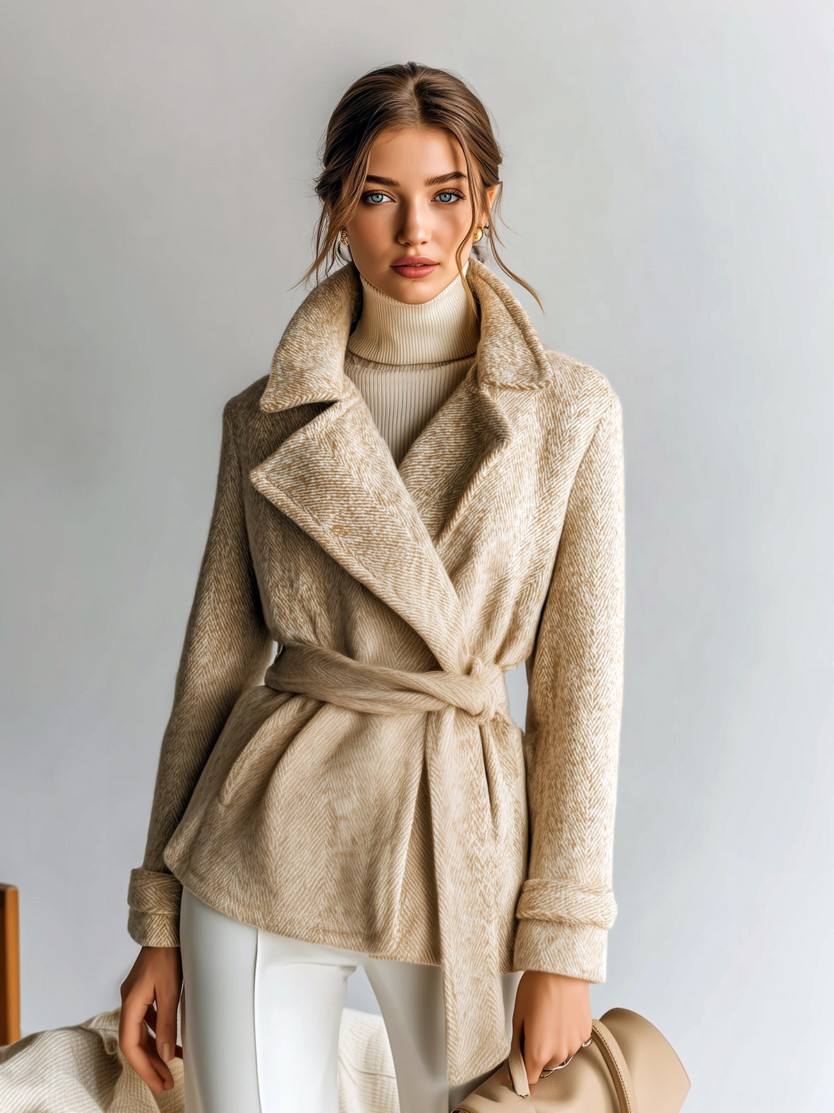 ElevenOra Chic Vintage Khaki Herringbone Wool Blend Shawl Lapel Belted Short Jacket