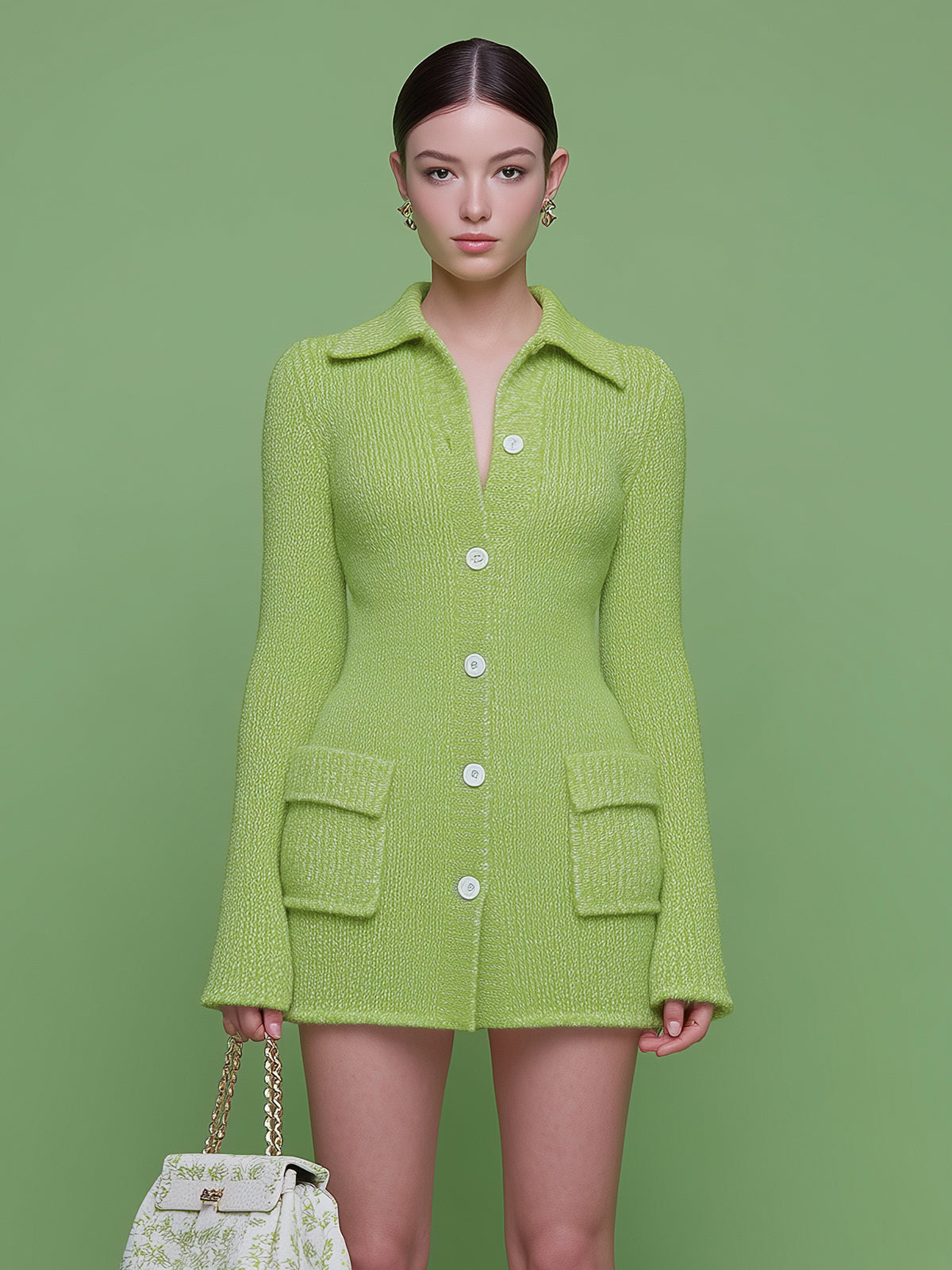 ElevenOra Stylish Solid Color Mohair Lapel Single-Breasted Slim Knit Mini Dress
