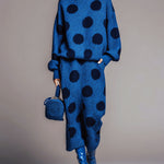 ElevenOra Chic Contrast Polka Dot Mock Neck Long Sleeve Top Midi Skirt Knit Two-Piece Set