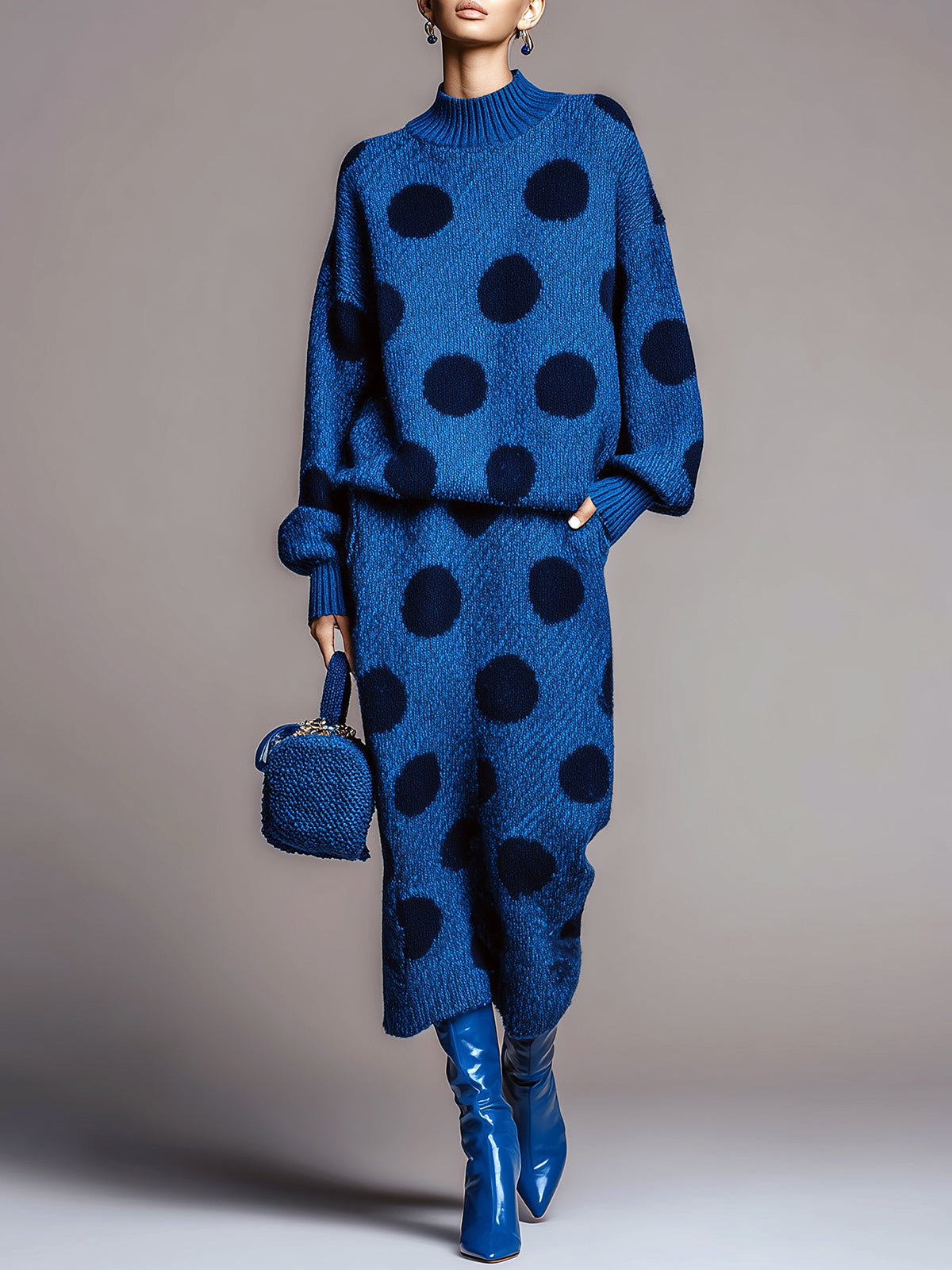 ElevenOra Chic Contrast Polka Dot Mock Neck Long Sleeve Top Midi Skirt Knit Two-Piece Set