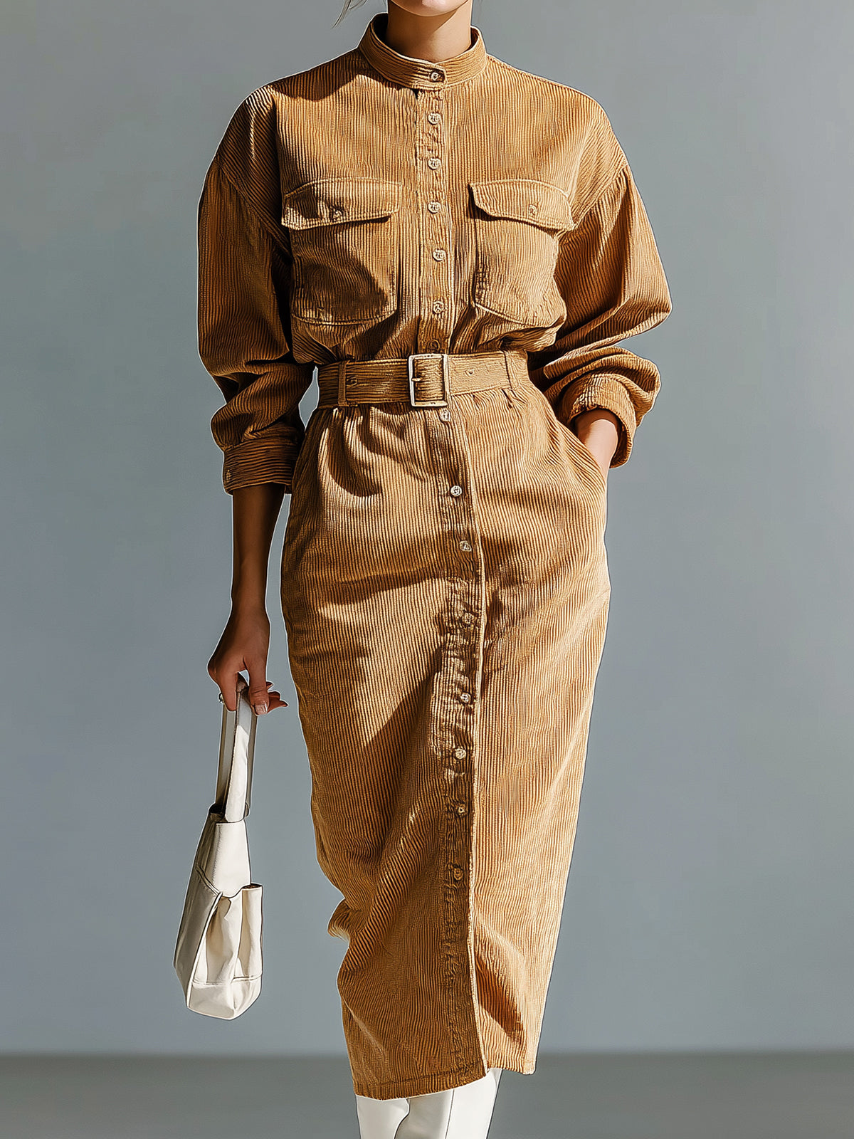 ElevenOra Casual Office Corduroy Stand Collar Single-Breasted Belted Multi-Pocket Long Sleeve Midi Dress