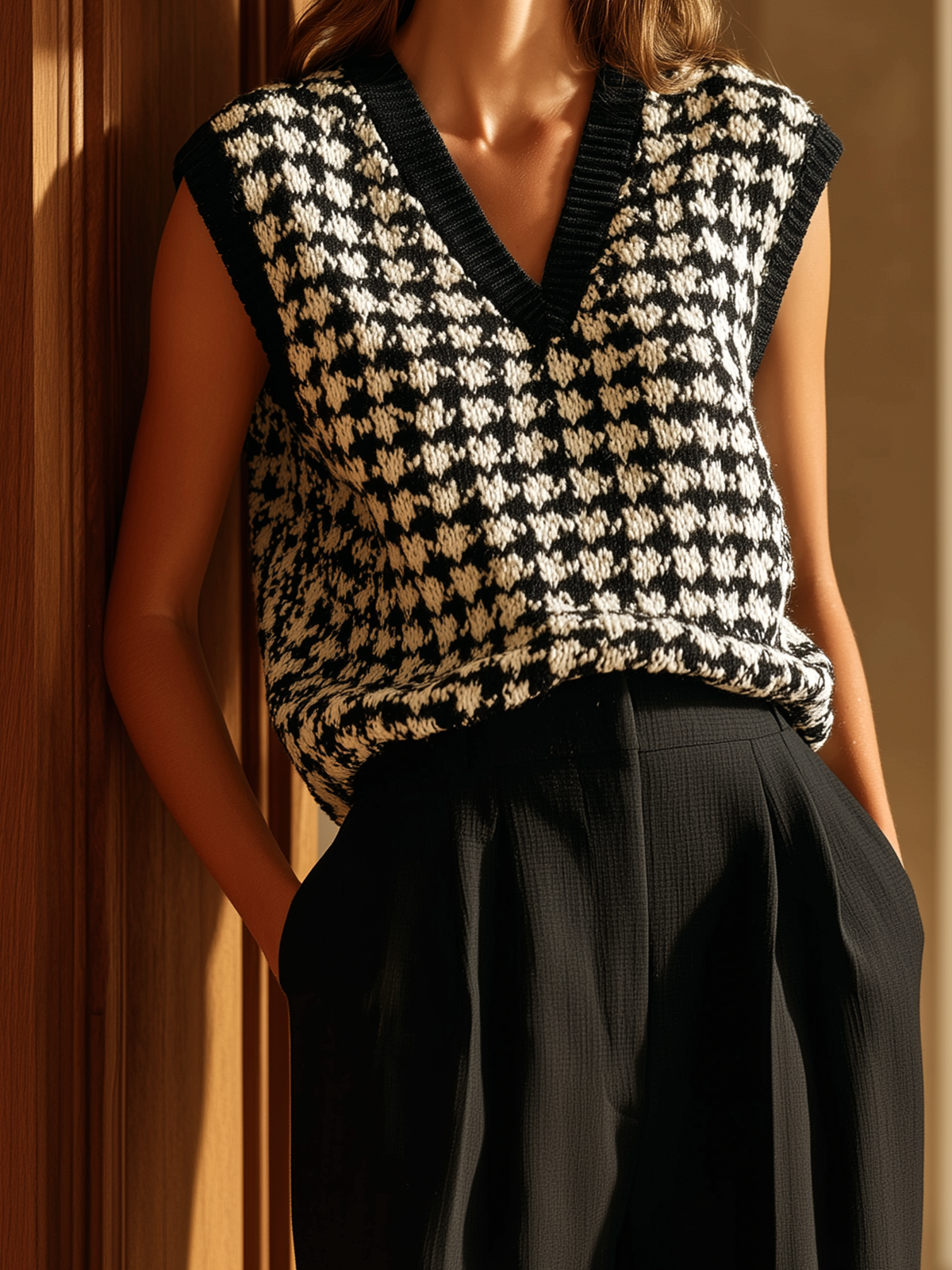 ElevenOra Stylish Elegant Black Houndstooth Jacquard V-Neck Loose Knit Vest Top