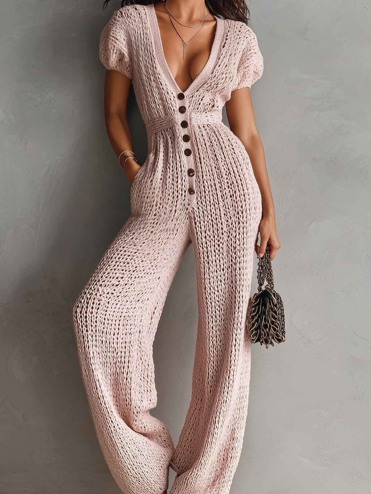 ElevenOra Chic Elegant Pink Deep V-Neck Button Front Short Sleeve Tailored Waist Wide Leg Breathable Knit Jumpsuit