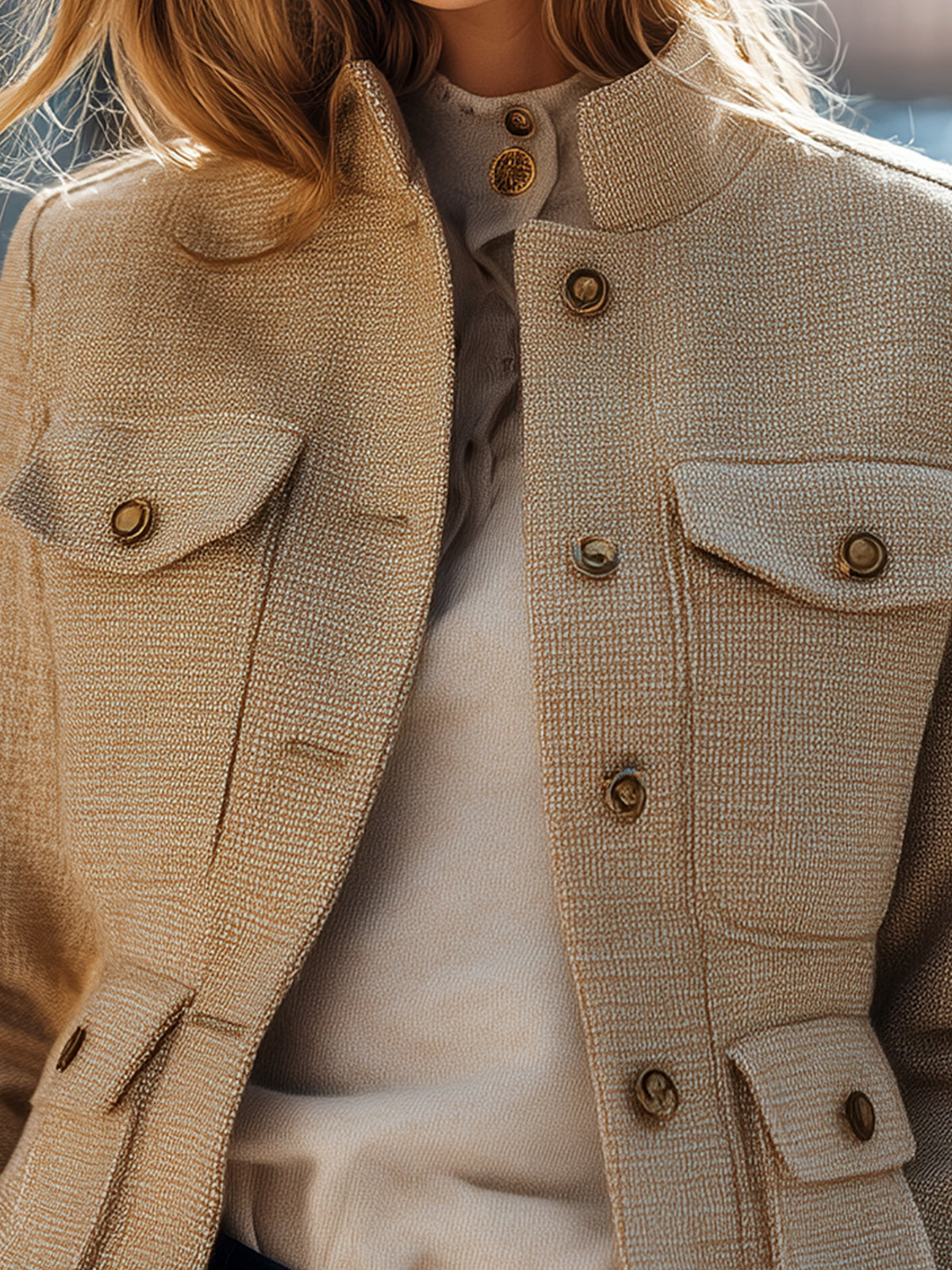 ElevenOra Chic Casual Wool Blend Stand-up Collar Single-breasted Multi-pocket Safari Jacket