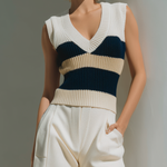 ElevenOra Stylish Elegant Striped Color-Blocked V-Neck Loose Knit Vest