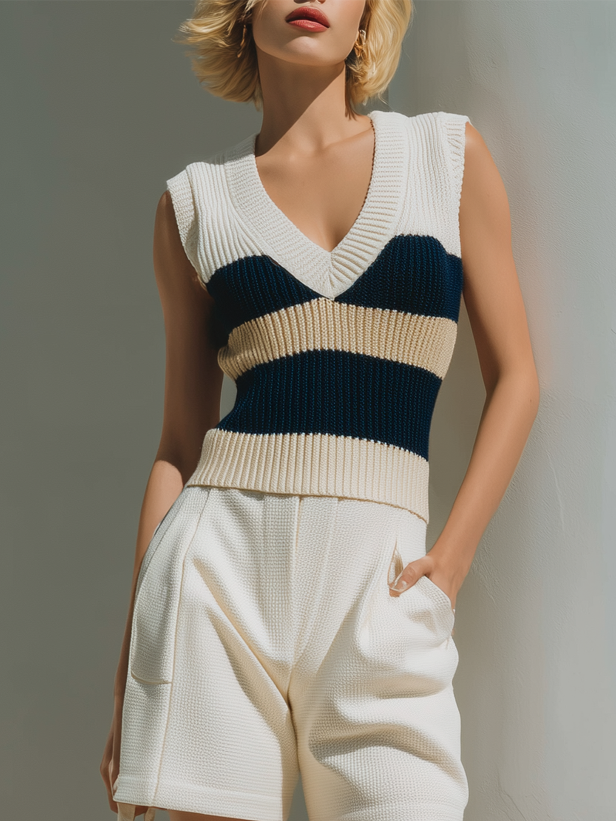 ElevenOra Stylish Elegant Striped Color-Blocked V-Neck Loose Knit Vest