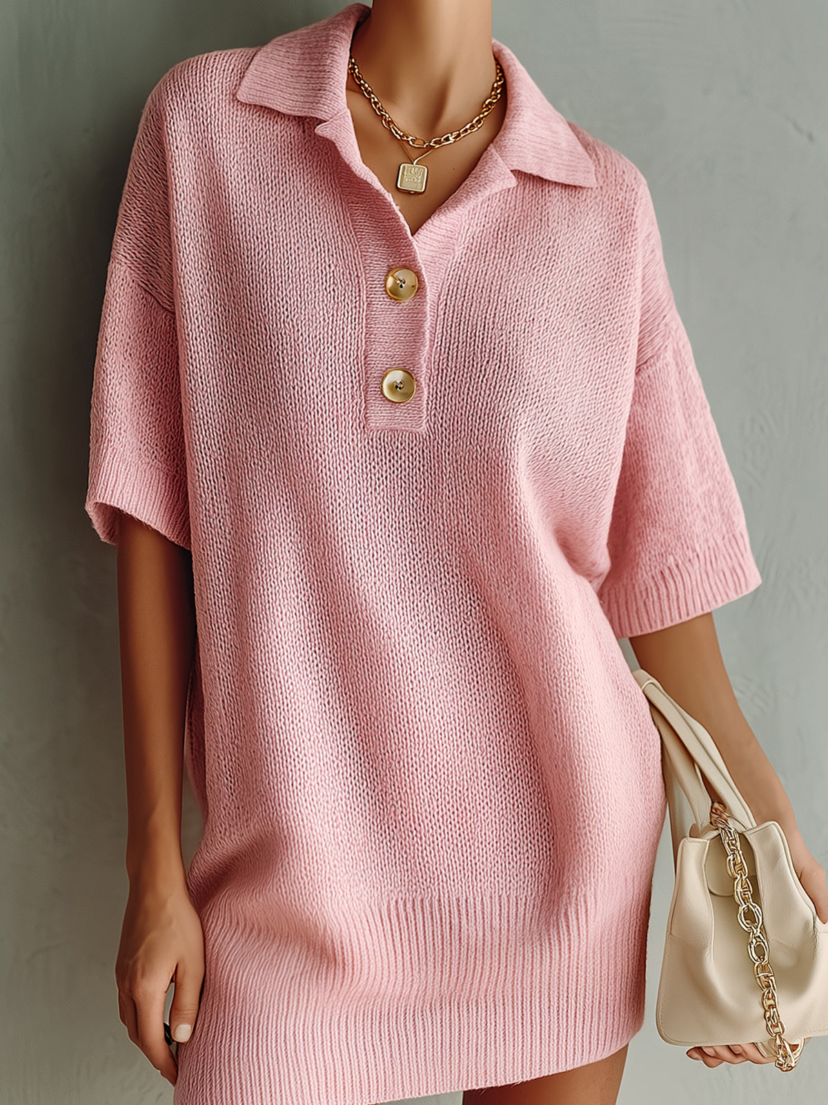 ElevenOra Chic Elegant Pink Button-Up Lapel Collar Short-Sleeve Oversize Knit Mini Dress