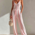 ElevenOra Chic Elegant Pink-White Stripes V-Neck Sleeveless Tailored-Waist Wide-Leg Knit Jumpsuit