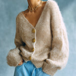 ElevenOra Chic Vintage Light Camel V-Neck Single-Breasted Long Sleeve Loose-Fit Fuzzy Knit Cardigan Top