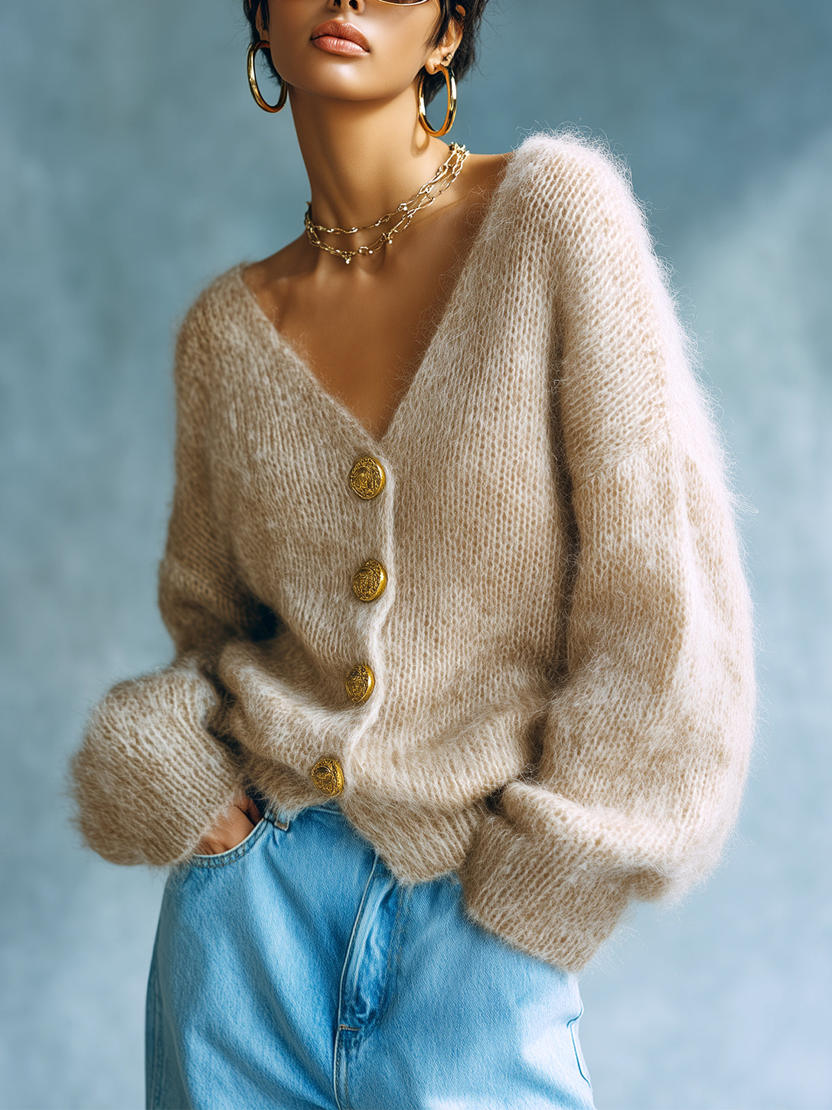 ElevenOra Chic Vintage Light Camel V-Neck Single-Breasted Long Sleeve Loose-Fit Fuzzy Knit Cardigan Top
