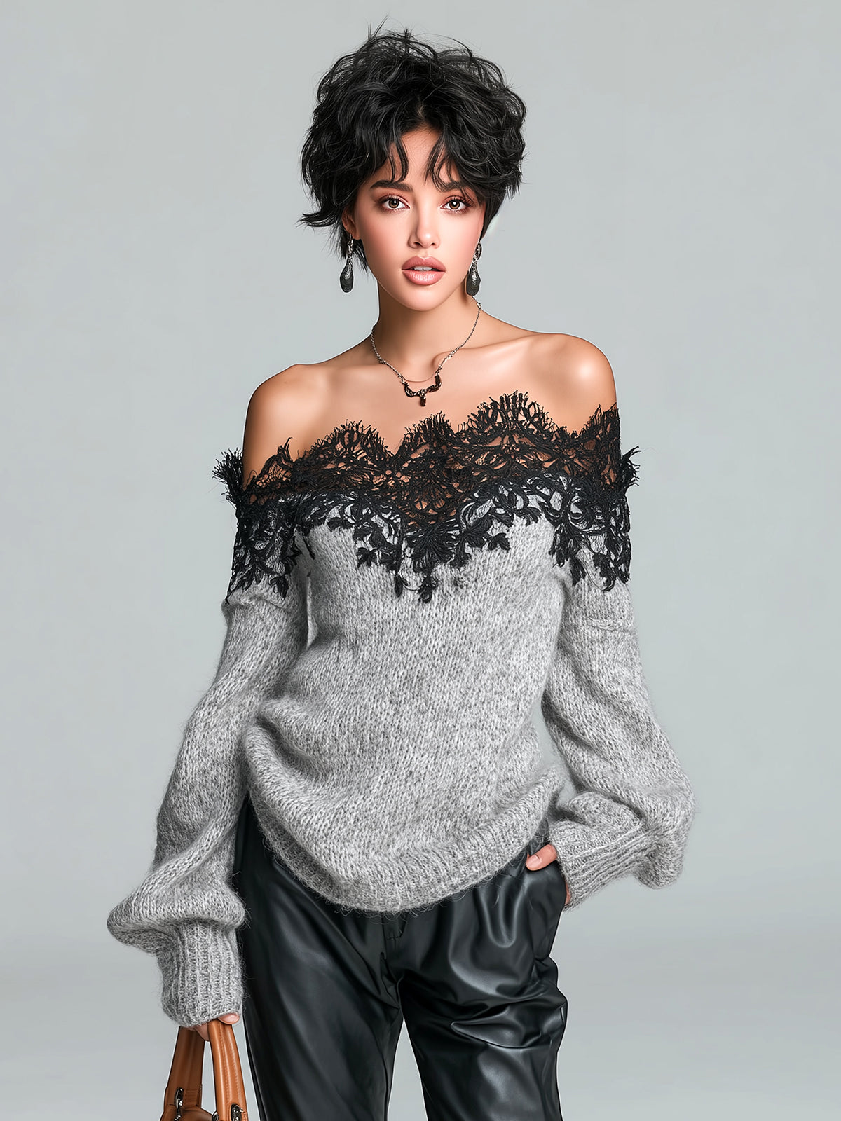 ElevenOra Chic Casual Gray Off-The-Shoulder Lace Trim Detail Long Sleeve Oversized Knit Sweater Top