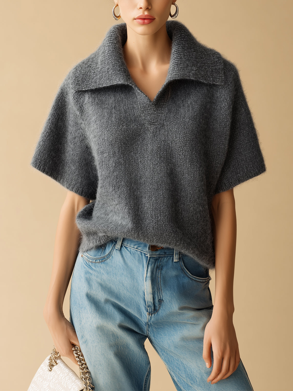 ElevenOra Chic Vintage Dark Gray Oversize Lapel Short Sleeve Loose-Fit Soft Knit Sweater Top