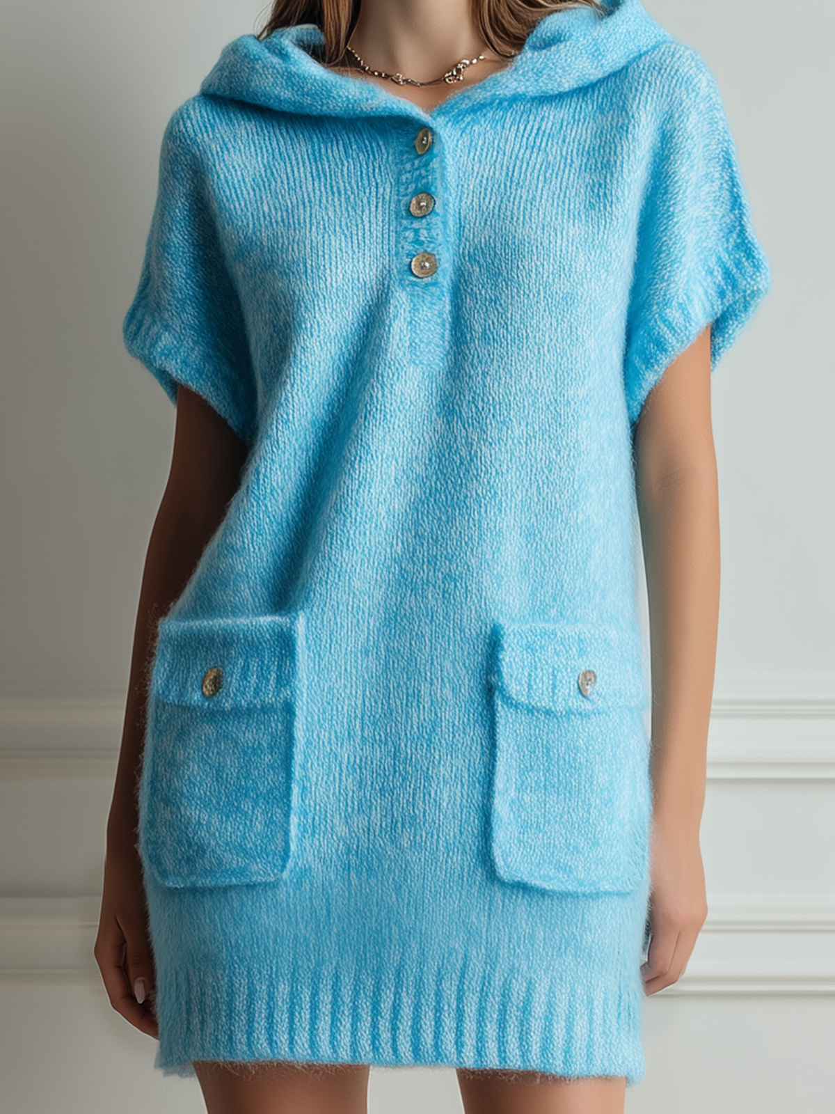 ElevenOra Chic Casual Blue Hooded Botton Oversized Short Sleeve Patch Pocket Knit Mini Dress