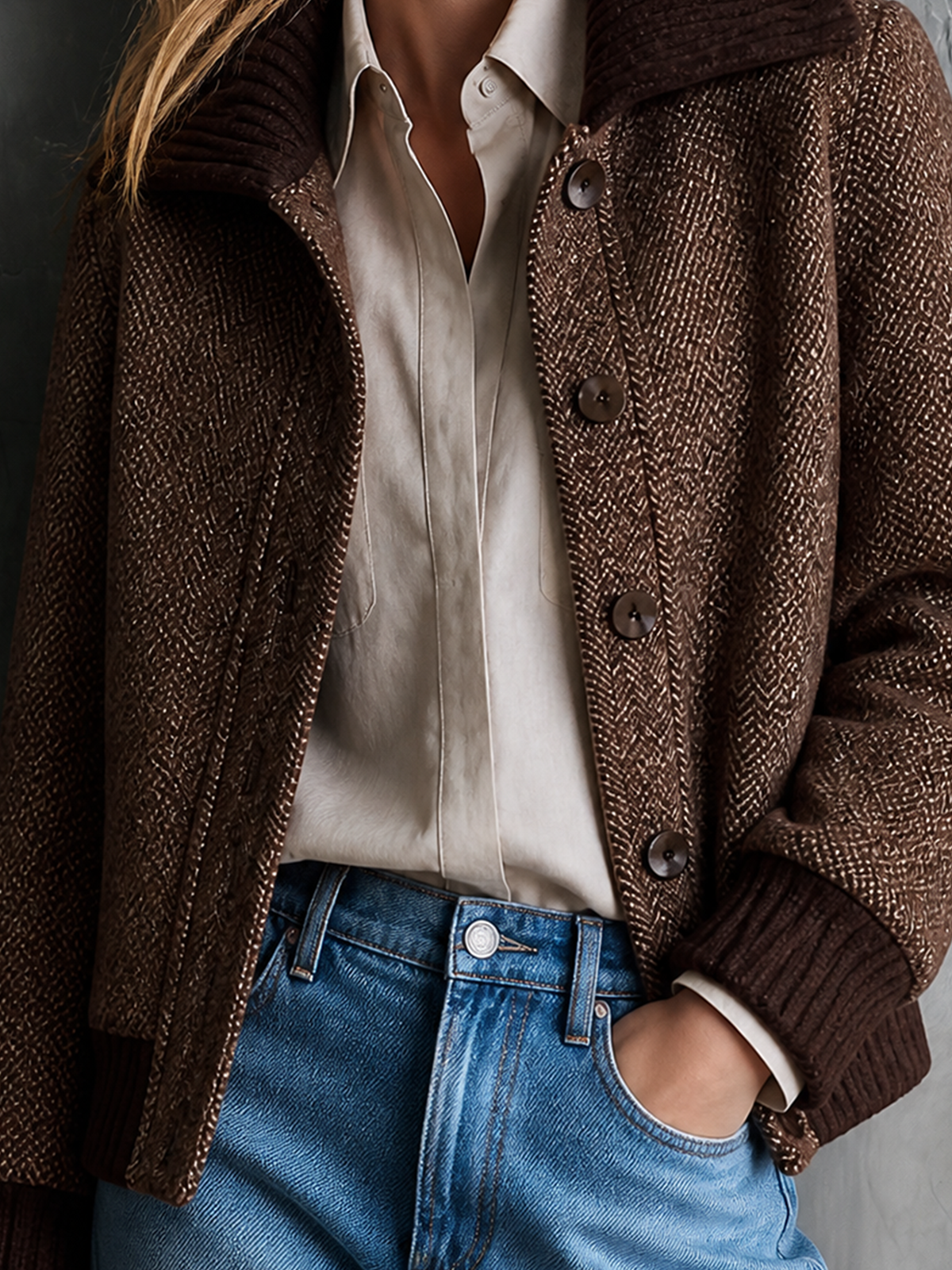 ElevenOra Chic Casual Brown Lapel-Collar Single-Breasted Long-Sleeve Loose-Fit Wool Blend Cropped Jacket