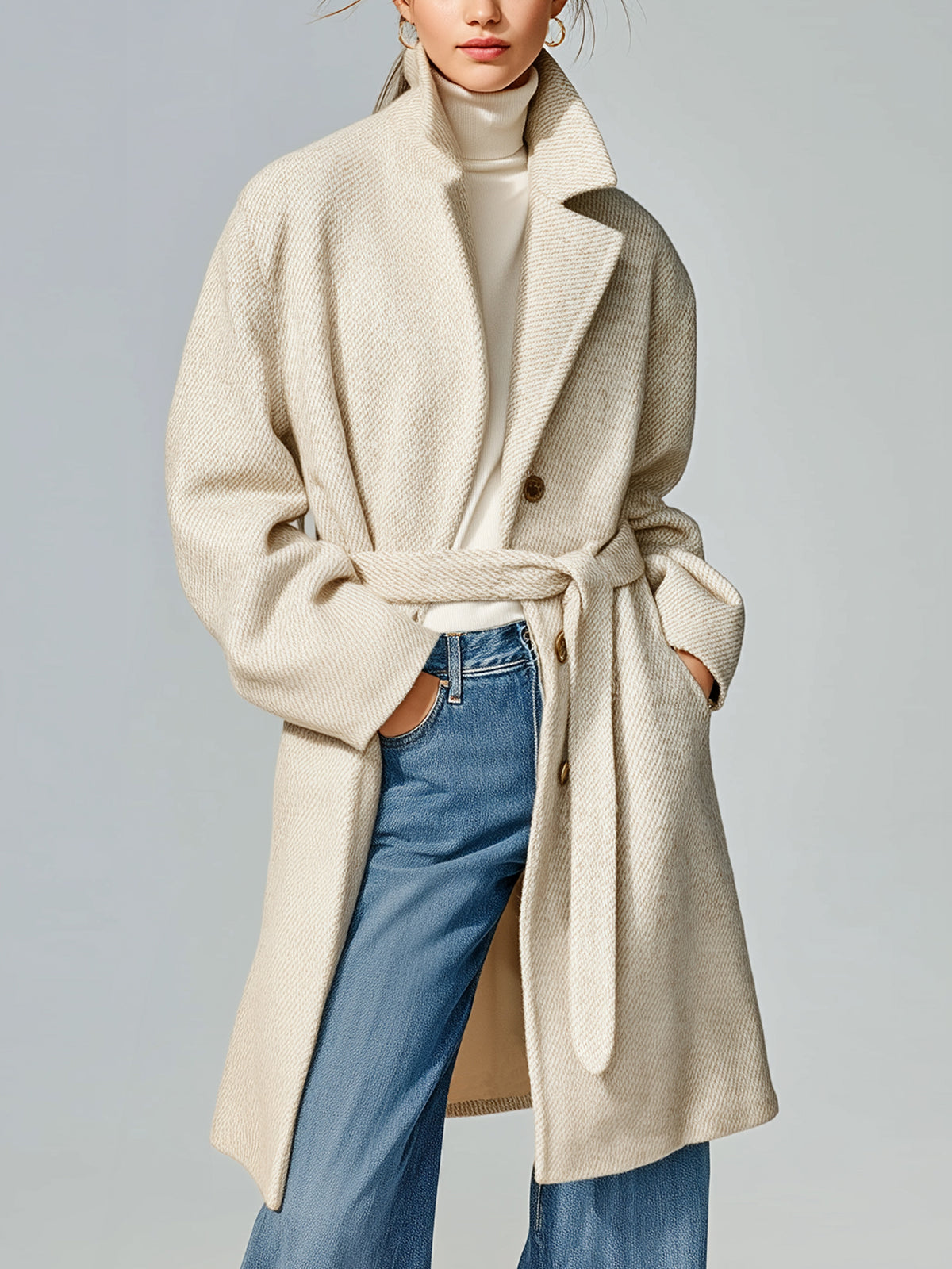 ElevenOra Chic Vintage Cream White Twill Wool Blend Notched Collar Single-Breasted Belted Oversized Mid-Length Coat