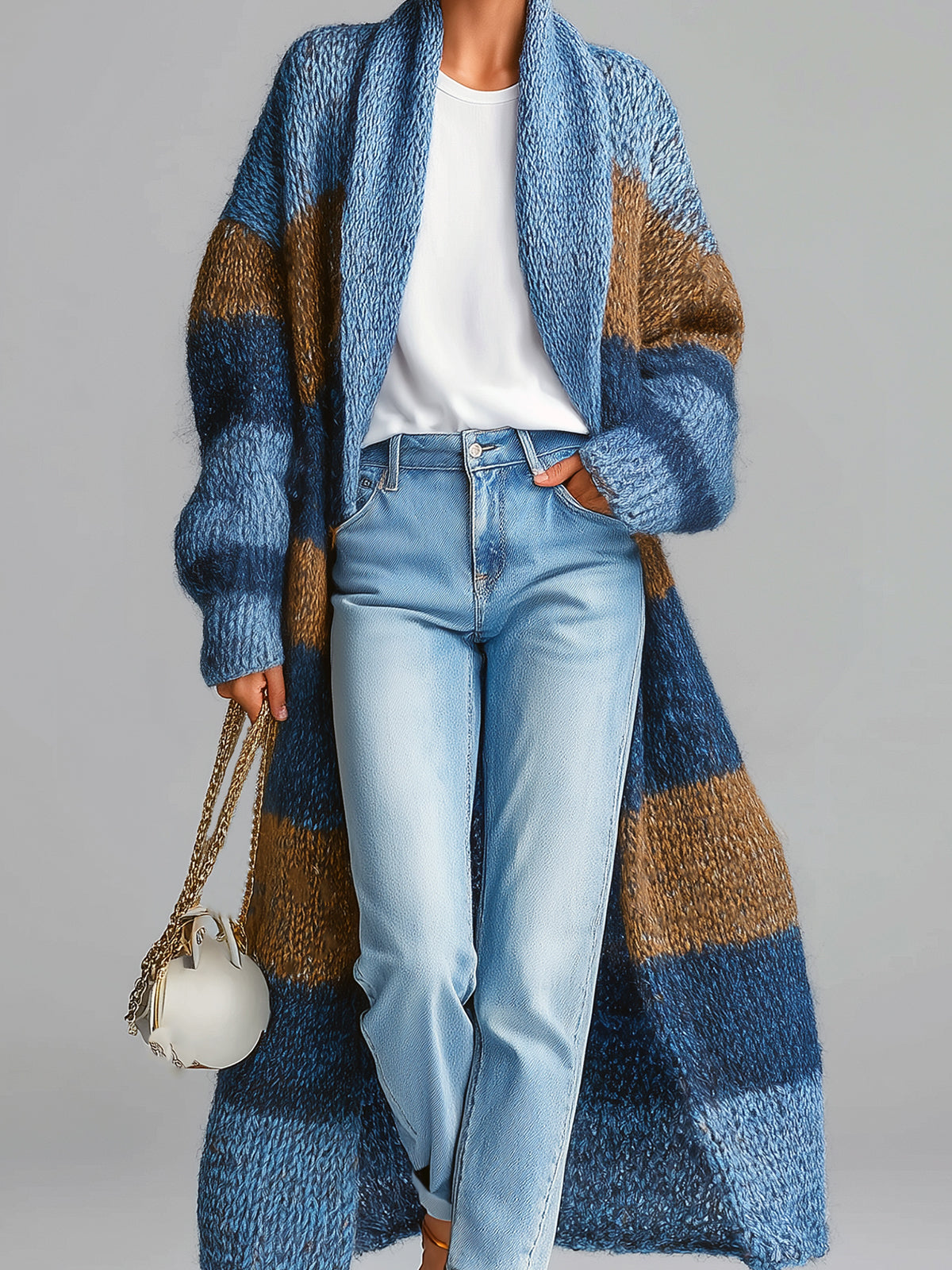 ElevenOra Chic Blue-Brown Striped Shawl Lapel Maxi-Length Slouchy Textured Knit Cardigan