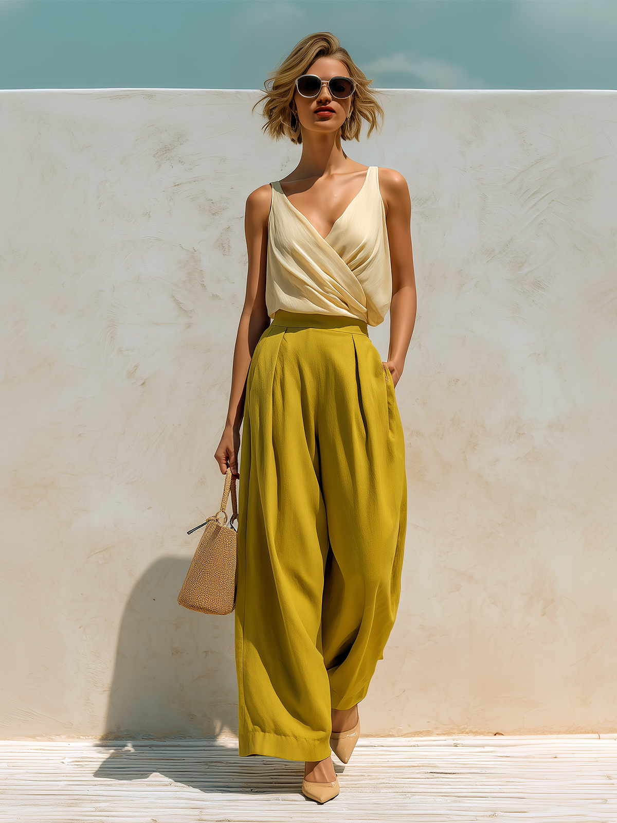 ElevenOra Chic Elegant Beige V-neck Tank Top Loose Mustard Yellow Chiffon Wide-Leg Pants Two-Piece Set
