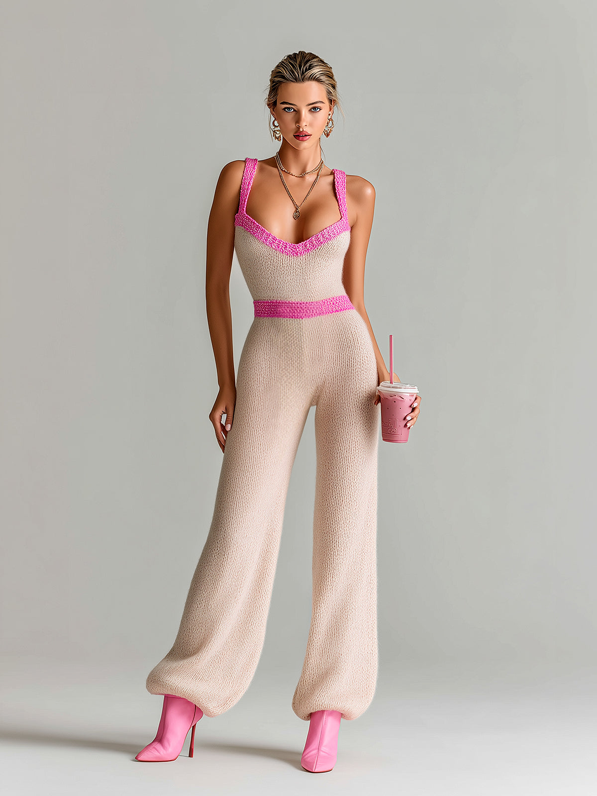 ElevenOra Chic Elegant Light Pink V-Neck Sleeveless Slim-Fit Contrast Trim Tailored Waist Lantern Pants Knit Jumpsuit