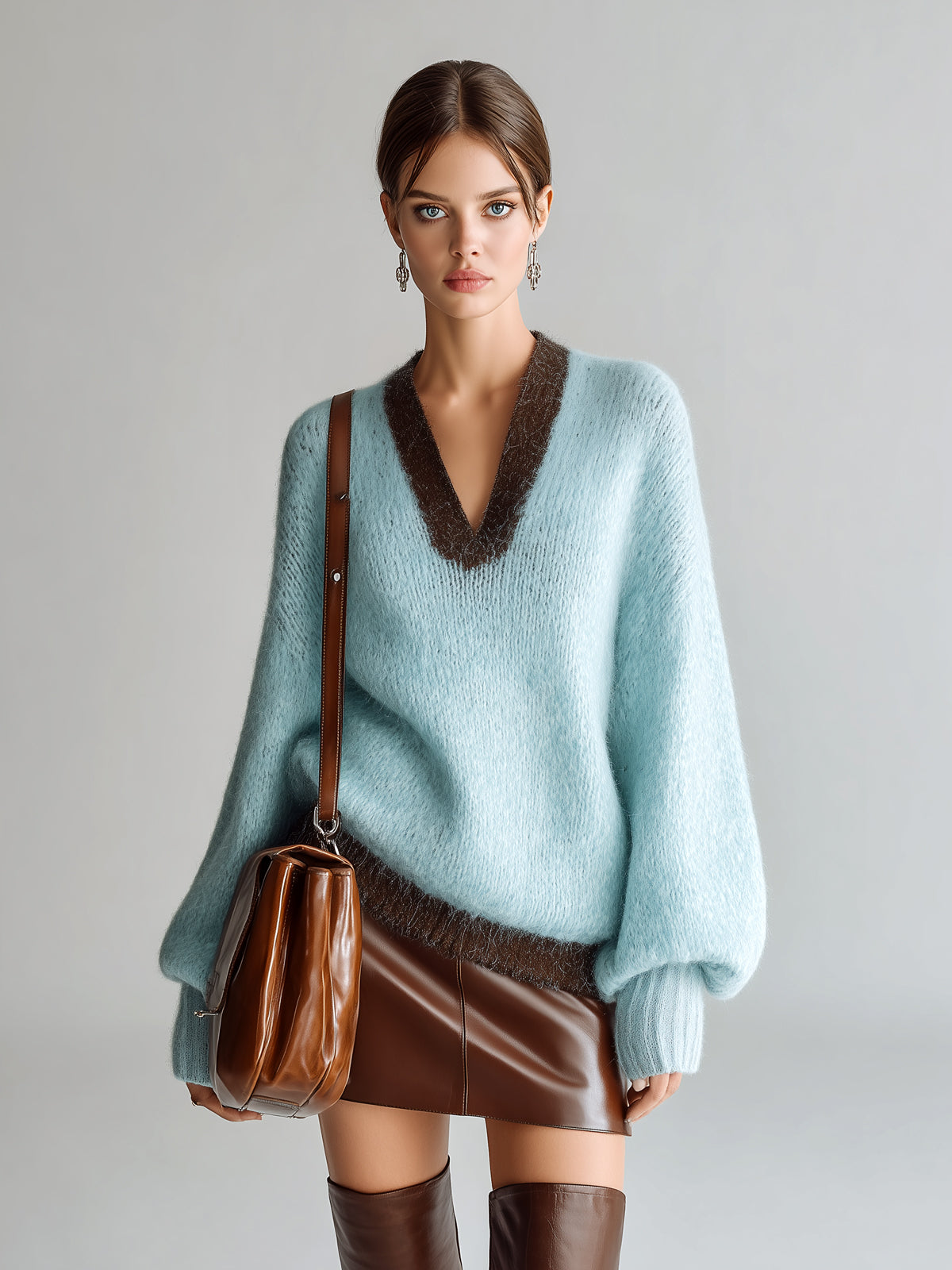 ElevenOra Chic Casual V-Neck Contrast Trim Oversized Long-Sleeve Knit Sweater Top