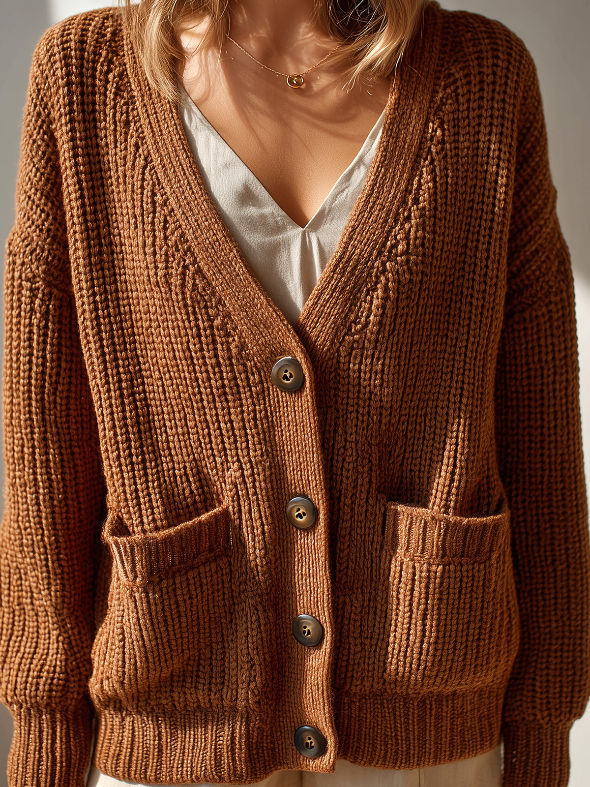 ElevenOra Chic Vintage Brown V-Neck Single-breasted Patch Pocket Slouchy Textured Knit Cardigan