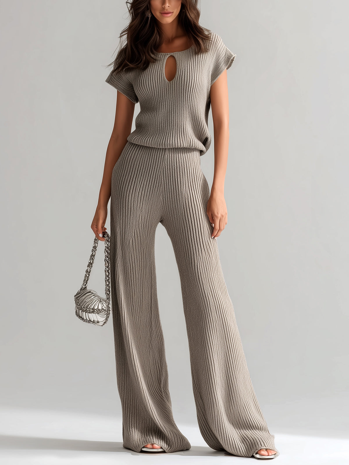 ElevenOra Chic Vintage Light Brown U-Neck Cutout Details Short-Sleeve Loose-Fit Top And Wide-Leg Pants Ribbed Knit Two-Piece Set