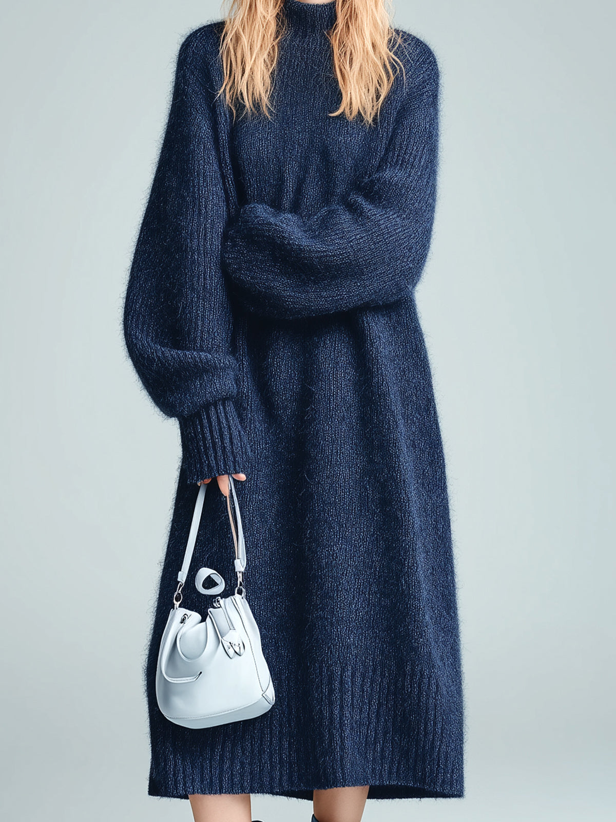 ElevenOra Chic Elegant Navy Blue Mock Neck Long Sleeve Oversized Ribbed Knit Midi Dress