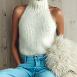 ElevenOra Chic Vintage White Halter Turtleneck Sleeveless Fuzzy Knit Vest Top