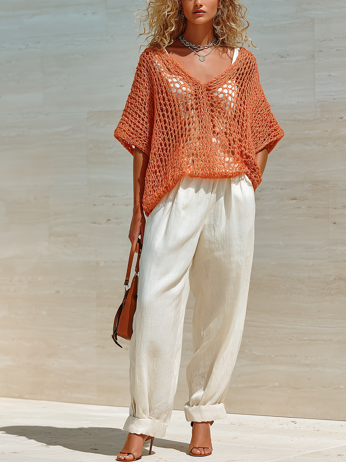 ElevenOra  Chic Elegant Coral Orange V-Neck Short-Sleeve Loose Hollow Out Knit Sweater Top Cotton-Linen Wide-Let Pants Two-Piece