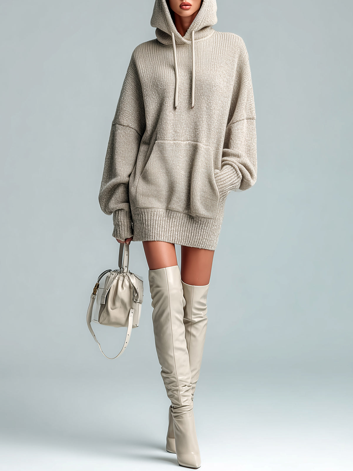 ElevenOra Chic Casual Beige Hooded Drawstring Oversized Long-Sleeve Knit Mini Dress