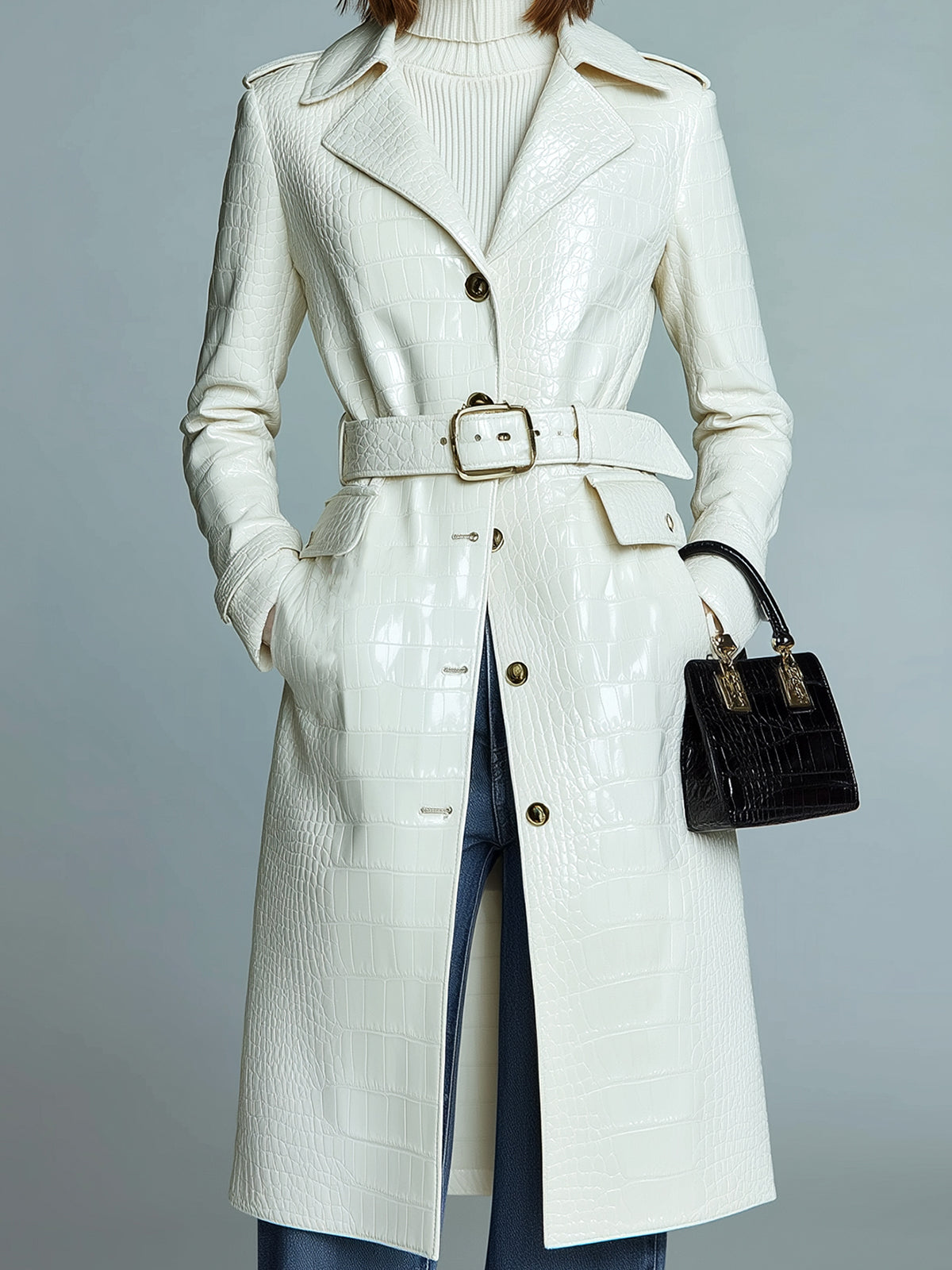 ElevenOra Chic Vintage Cream White Crocodile Embossed Faux Leather Lapel Single-Breasted Belted Midi Trench Coat