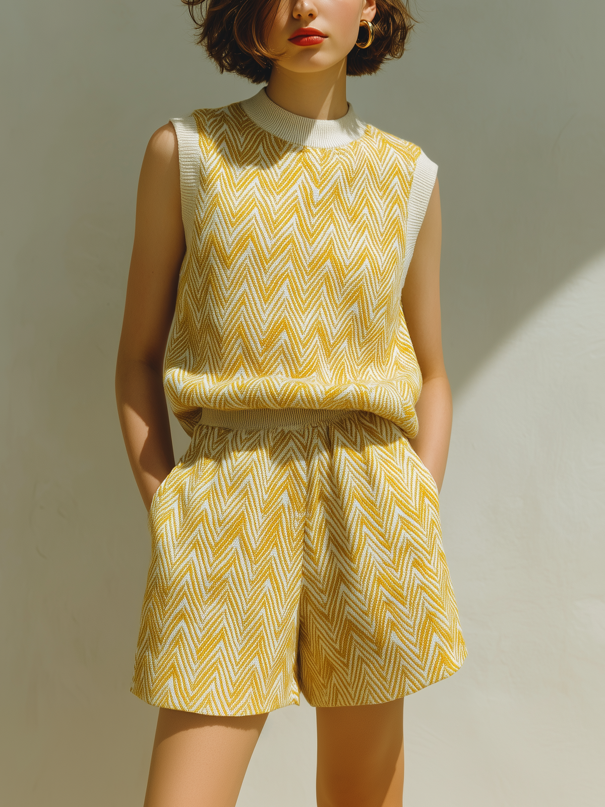 ElevenOra Chic Casual Yellow Jacquard Round Neck Sleeveless Loose-Fit  Vest Elastic Waist Shorts Knit Two-Piece Set