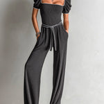 ElevenOra Chic Elegant Gray Square Neck Short Puff Sleeve Contrast Trim Detail Belted Wide Leg Ribbed Knit Jumpsuit