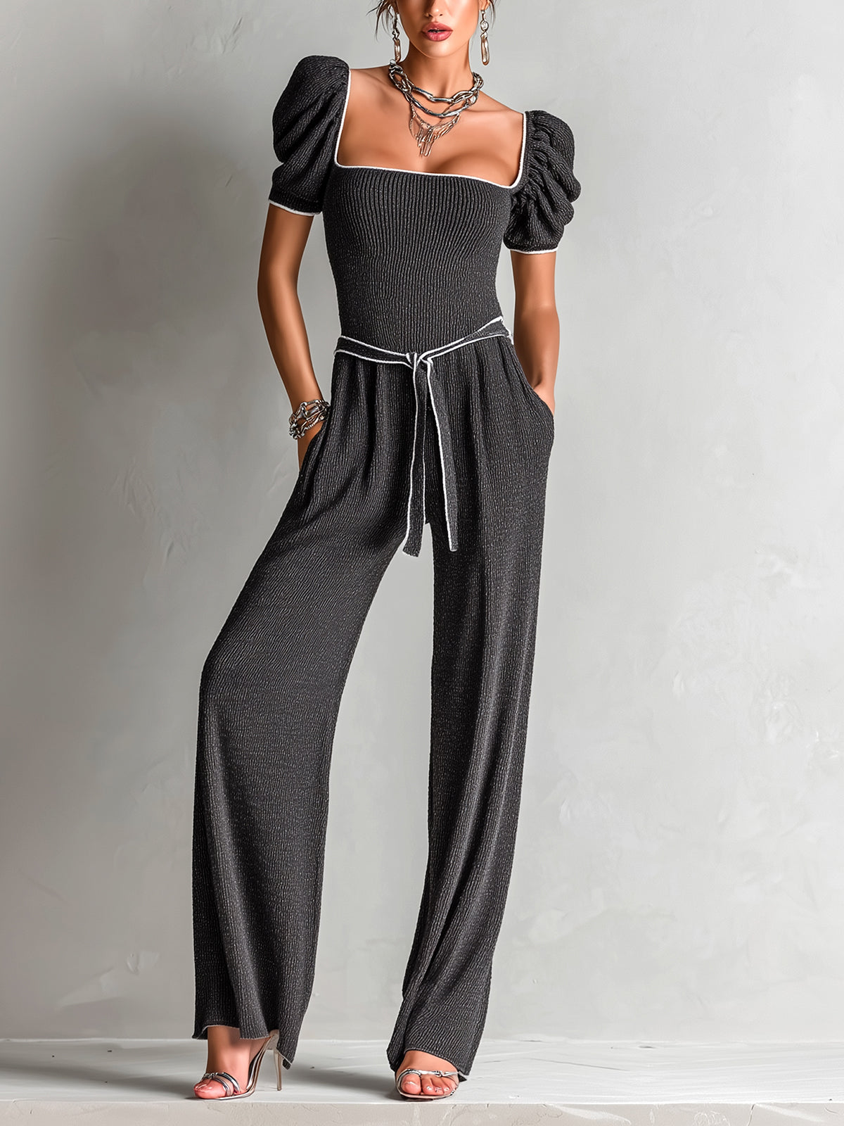 ElevenOra Chic Elegant Gray Square Neck Short Puff Sleeve Contrast Trim Detail Belted Wide Leg Ribbed Knit Jumpsuit