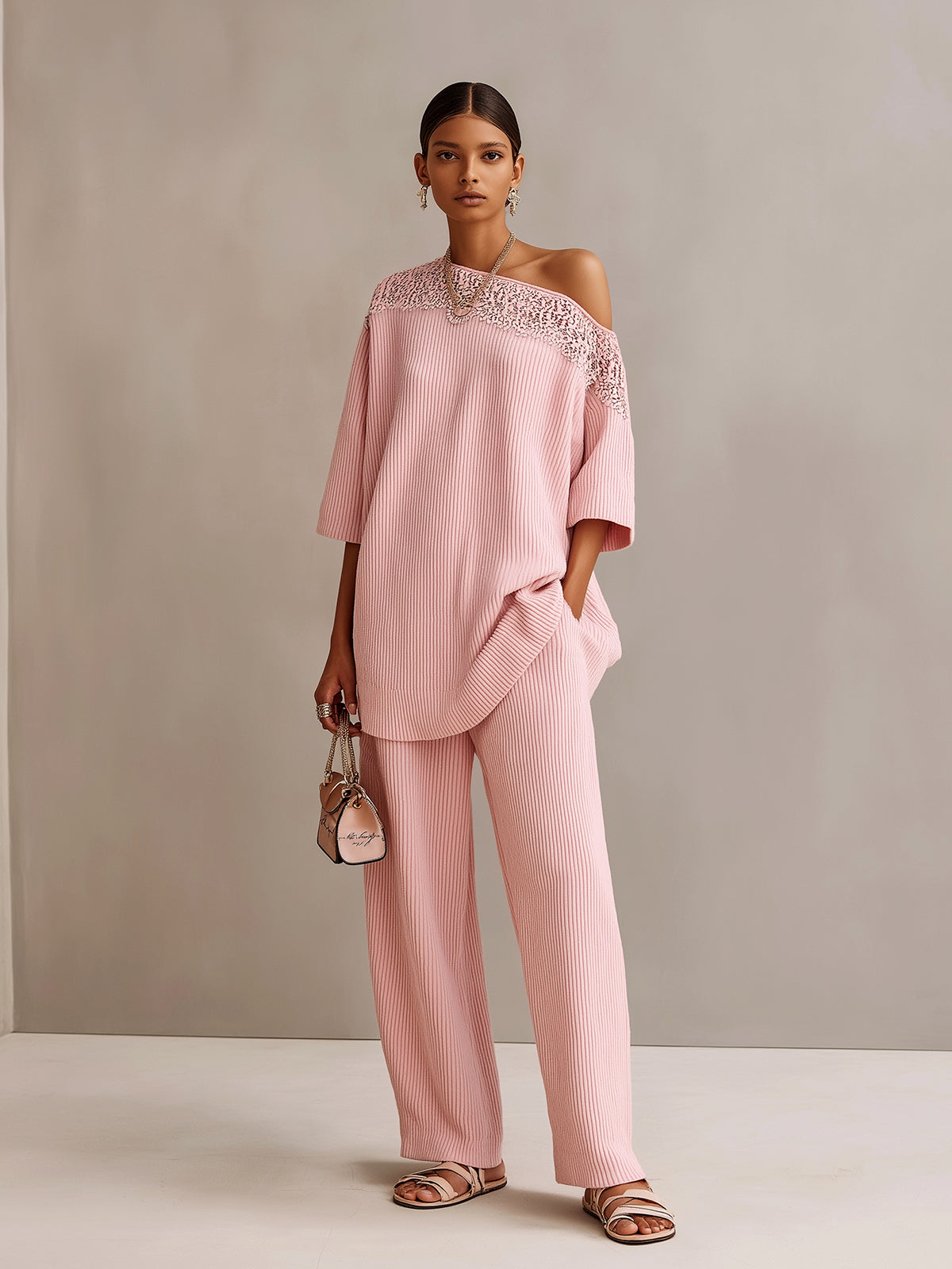 ElevenOra Chic Elegant Pink One-Shoulder Short-Sleeve Lace Detail Oversize Sweater And Relaxed-Fit Ribbed Knit Pants Two-Piece Set