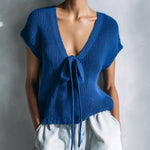 ElevenOra Chic Casual Royal Blue Deep V-Neck Tie-Bow Short-Sleeve Loose-Fit Knit Sweater Top