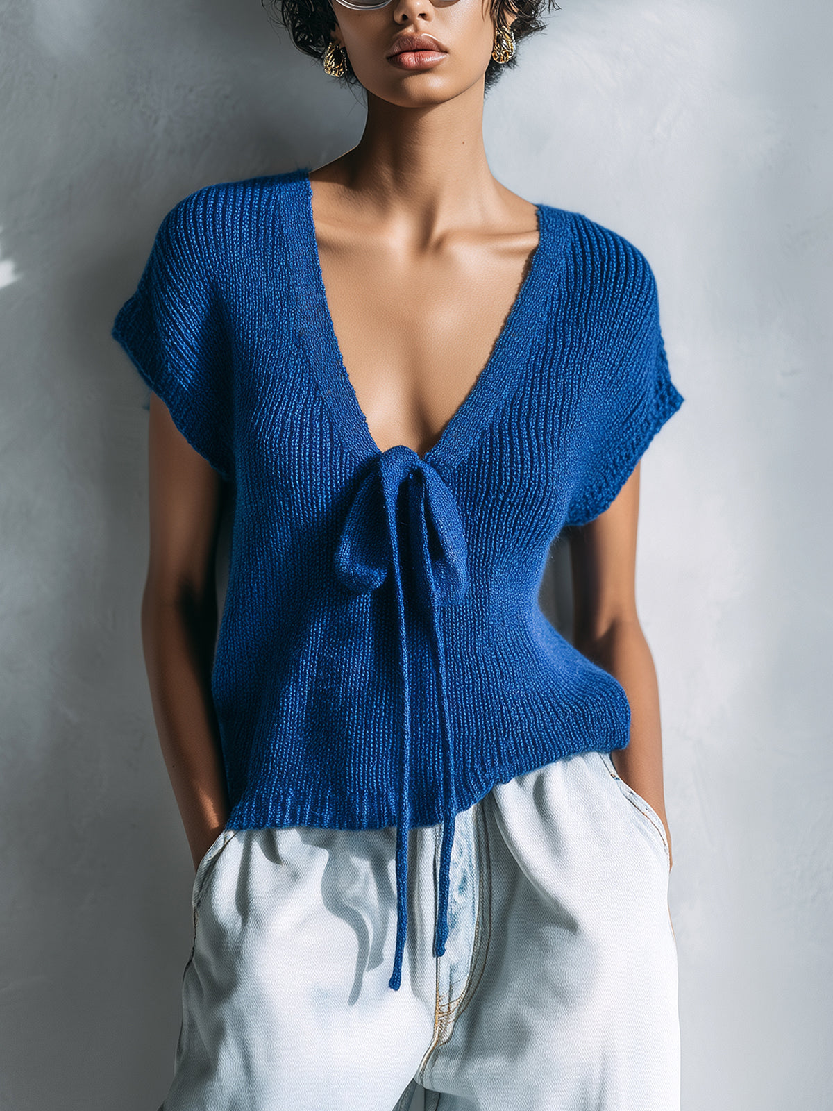 ElevenOra Chic Casual Royal Blue Deep V-Neck Tie-Bow Short-Sleeve Loose-Fit Knit Sweater Top