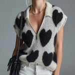 ElevenOra Chic Casual Black White Heart Pattern Zipper-Up Lapel Collar Short-Sleeve Loose-Fit Mohair Knit Sweater Top