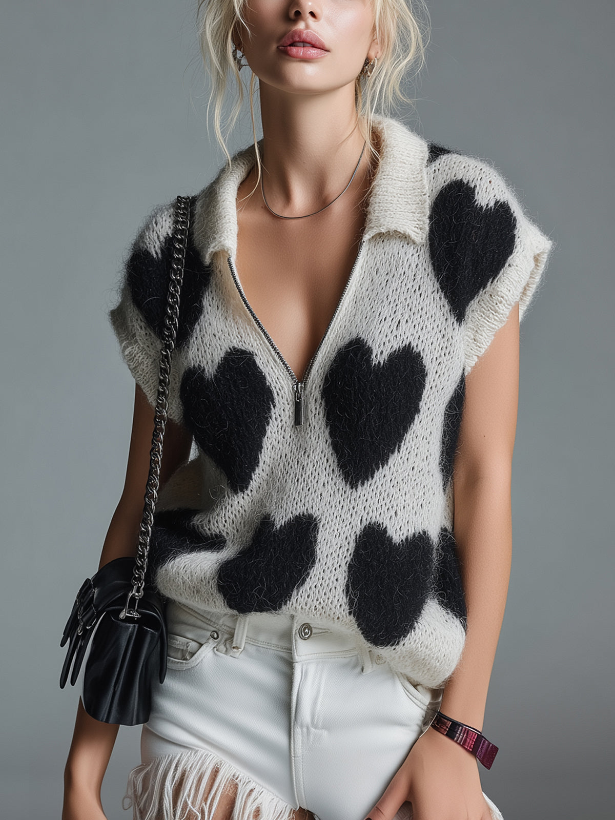 ElevenOra Chic Casual Black White Heart Pattern Zipper-Up Lapel Collar Short-Sleeve Loose-Fit Mohair Knit Sweater Top