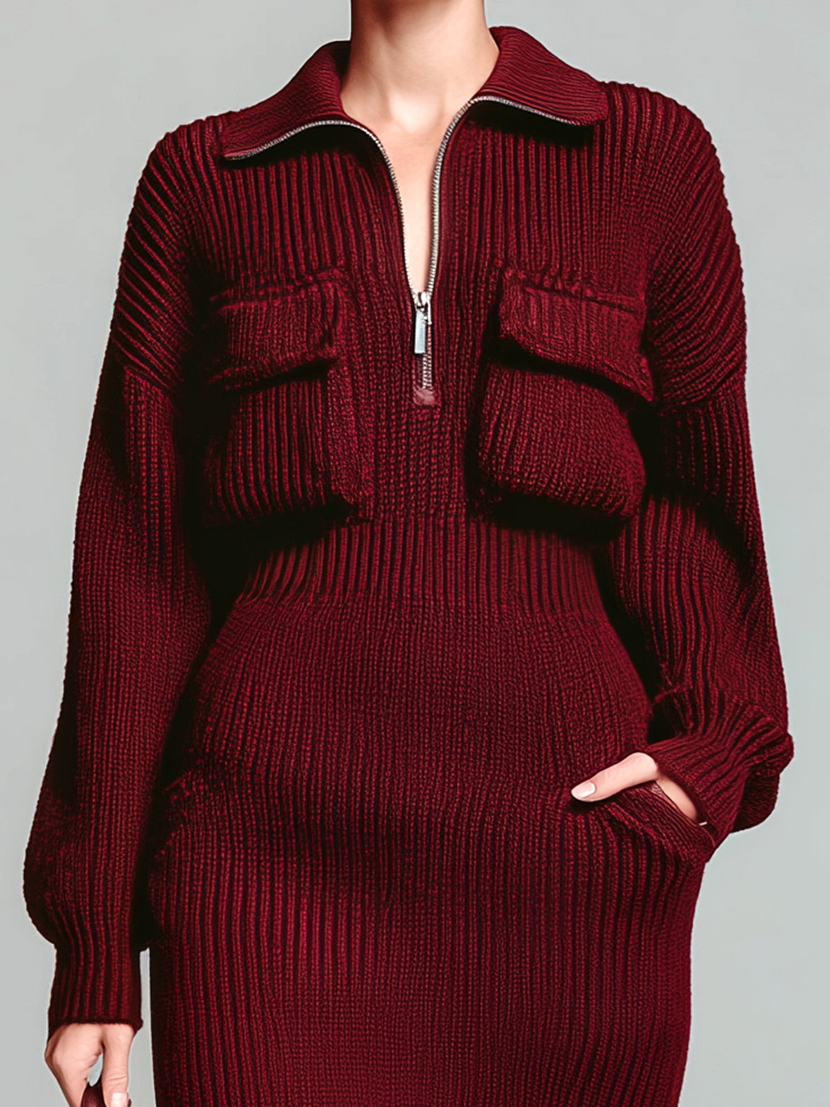 ElevenOra Chic Casual Burgundy Zip-Up Lapel Chest Pocket Oversized Long-Sleeve Knit Midi Dress